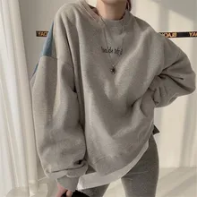 

Hoodie New 2022 Japan Korean Round Neck Casual Loose Design Sense Niche Split Denim Stitching Sweater Women Autumn Spring Tops