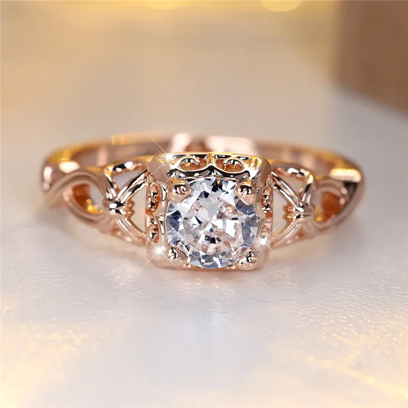 Cute Female White Round Zircon Stone Engagement Ring Vintage Rose Gold Color Wedding Jewelry For Women