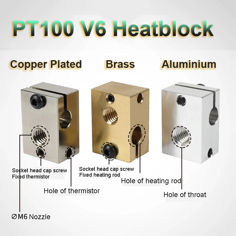 

High Quality E3D PT100 V6 Heated Block 3D Printer Parts Hotend Extruder Aluminum Block Brass Copper Plated PT100 V6 Heatblock