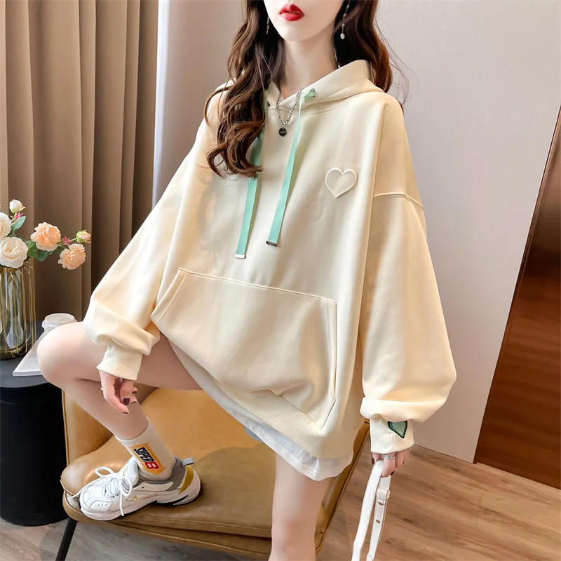 2024 Spring New Hooded Casual Sweatshirt for Women Korean Heart Embroidered Loose Hoodies New Long Sleeve Pullover Winter Y2k