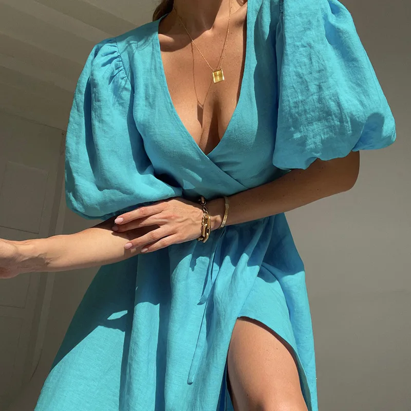 

Женское летнее платье из 100% хлопка, привлекательное милое Бандажное платье с V-образным вырезом и пышными рукавами, элегантное женское платье, праздничный Сарафан