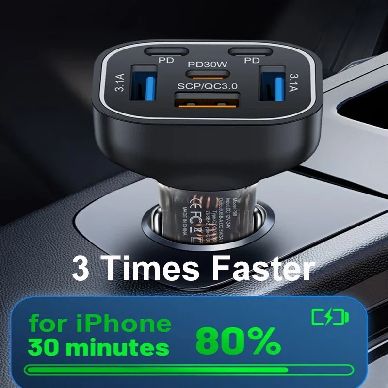 6 in 1 USB C Car Charger Adapter PD 30W Multi Ports Super Fast Charge for iPhone 16 15 14 Pro Max iPad Samsung Phone UYUXIO