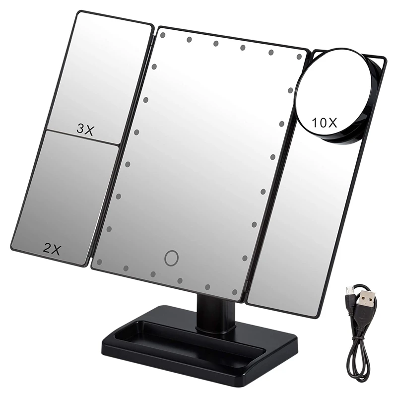 

Trifold Makeup Mirror With 22 LED Lights,10X/3X/2X Magnification Portable Fold Lighted Table Desk Cosmetic Mirror