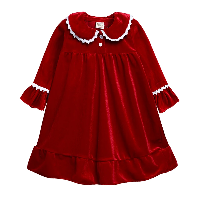 Winter Kids Girls Clothing Dress Toddler Dresses Baby Girl Ruffle Red Green Pink White Beige Luxury Velvet Night Dress Wholesale