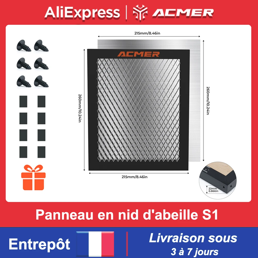ACMER S1 Table de travail Laser nid d'abeille lit en nid d'abeille panneau universel 260x215x22mm pour S1 Mini 2.5/3.5/6W Machine de gravure Laser