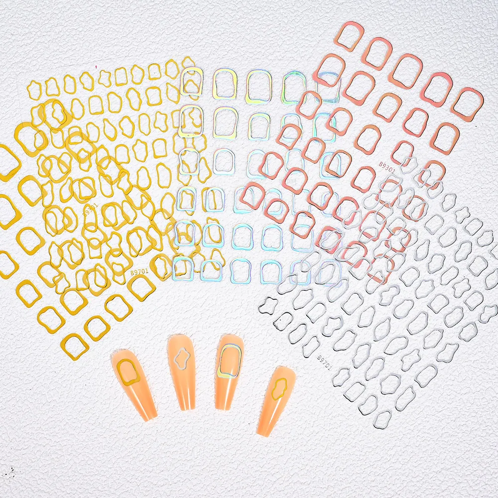 Description Picture 5 of item1Pc 3D Gold Hollow Irregular Geometric Nail Stickers Holo Metal Frame Gold/Silver Decals Square Self Adhesive Sliders Nail Deco