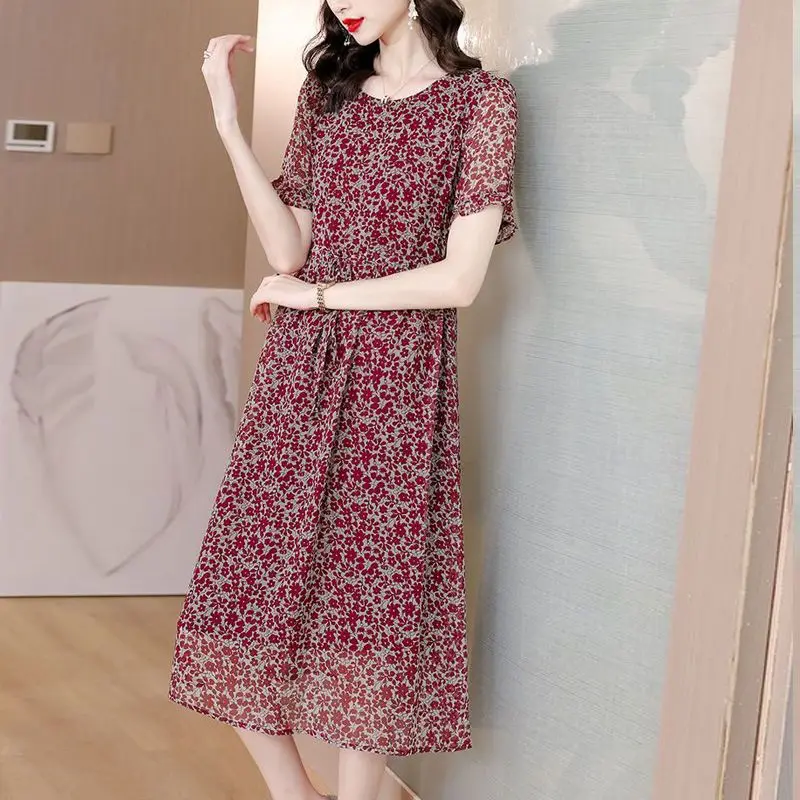 여성 크루넥 타이업, 프린트 스플라이스, 캐주얼 루즈핏, 얇은 반팔, 하이엔드 우아한 쉬폰 원피스, 여름 신상