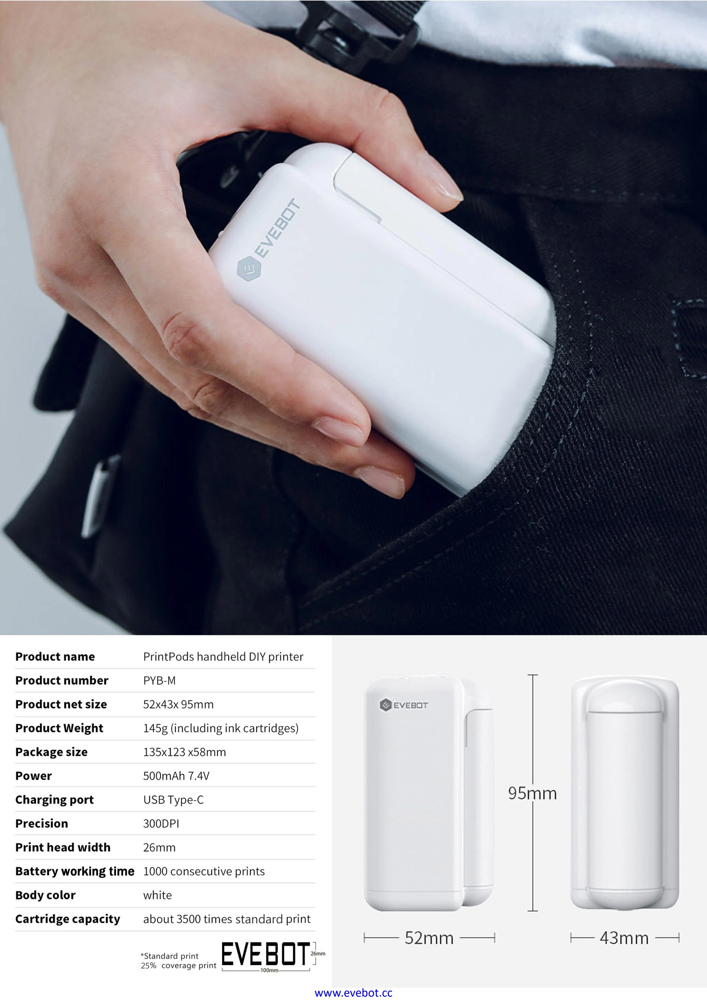 EVEBOT PrintPods Handheld DIY Drucker Typ-C 300DPI 26mm Breite 