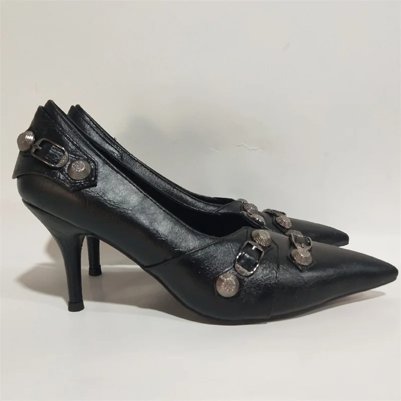

Maxi Rivets Shoes for Ladies Belt Buckle High Heels Pointed Toe Women's Pumps Solid Femme Tacones Metal Studs Zapatos De Mujer
