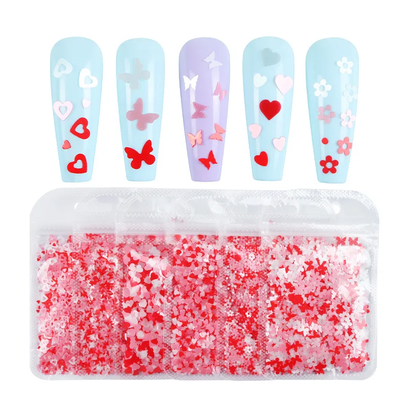 1Pack Valentine's Day Pink Red Nail Art Glitter Sequin Heart Butterfly Flower Shape Nail Sequins Flakes For  Nail Glitter