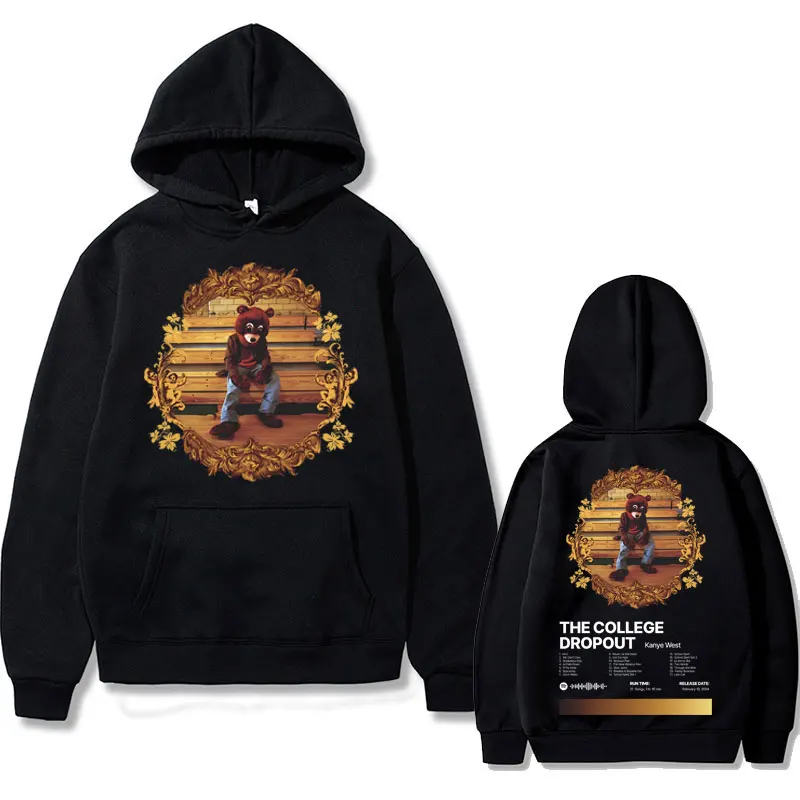 Rapper Kanye West The College Dropout Hip Hop Music Album Graphics Hoodie Men Casual Oversized Sweatshirt Men's Black Streetwear
