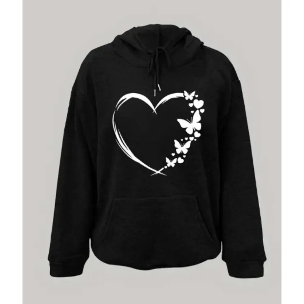 Heart & Butterfly Print Drawstring Hoodie Long Sleeve Sports Hooded Sweatshirt Casual Women's Clothing