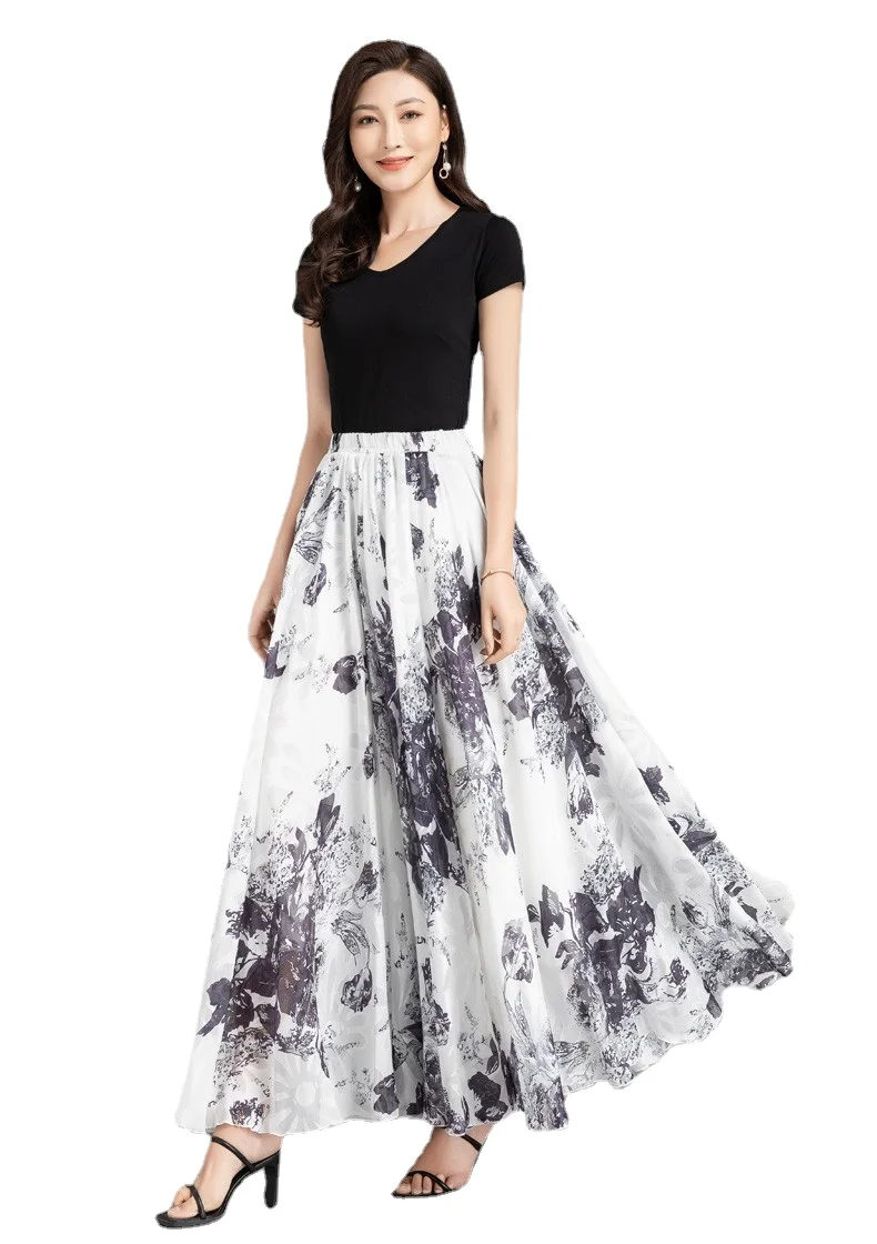 Plus size 6XL Custom made Flower print chiffon long skirt Full linning Female Vintage Elegant Maxi Skirts pleated Skirt