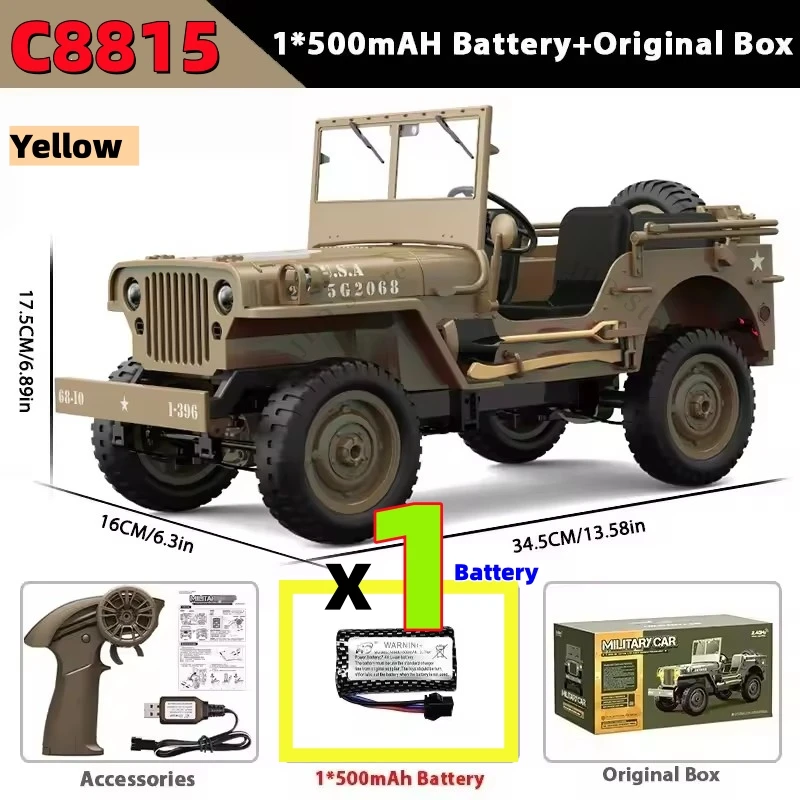 JJRC C8815 RC카 1941 지프 윌리스 2.4g 4륜구동 RTR 크롤러 등반 스케일 군용 트럭 오프로드 차량 C8815 자동차 선물