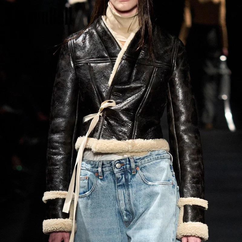 

12.4 KlasonBell Runway Fashion Shawl Fur Collar Detachable Single Breasted Slim Short Faux Leather Jacket Women's