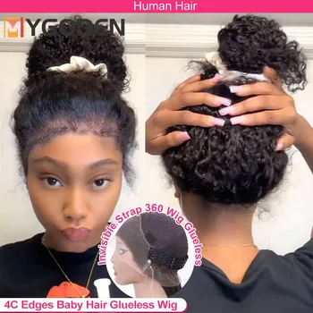 4C kinky Edges Deep Wave Frontal Wig Invisible Drawstring 360 Full HD Lace Front Wigs Water Water Glueless Wigs Human Hair 1