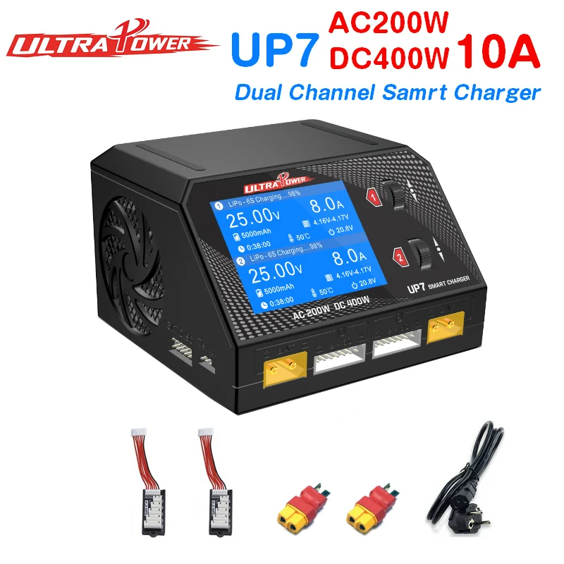 

Зарядное устройство UltraPower UP7 AC200W DC400W 10A x 2, Двухканальное балансирующее устройство, зарядное устройство для Lipo LiHV Lilon LiFe RC моделей, аккумулятор