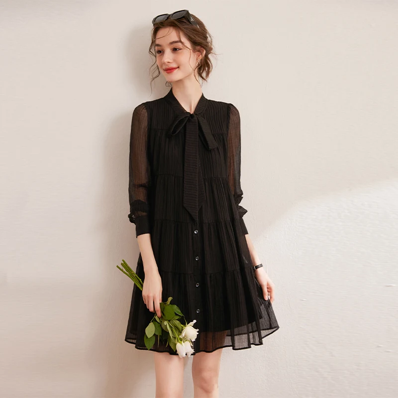 فستان نسائي من EVNISI بأكمام طويلة متوسط الطول مع فيونكة بأربطة وتصميم كاجوال أنيق جديد