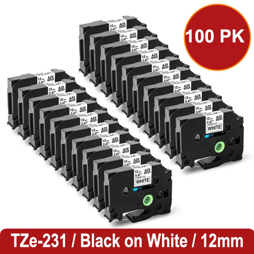 1-100PK 231 12mm TZ-White-Tape TZ 231 TZ231 TZ221 TZ 211 Black on White Laminated Label Compatible for Brother PT Label Maker