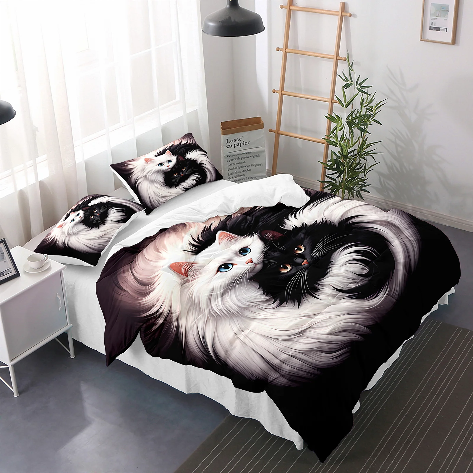3pcs Cute Cat Duvet Cover Set Yin Yang Black White Cats Bedding Set Soft Microfiber Bedroom Decor Four Seasons
