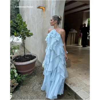 Sansa Dubai Blue 3D Flowers Tiered Ruffle Prom Dresses Spaghetti Strap Customized فساتين سهرات Floor-Length robes de soirée