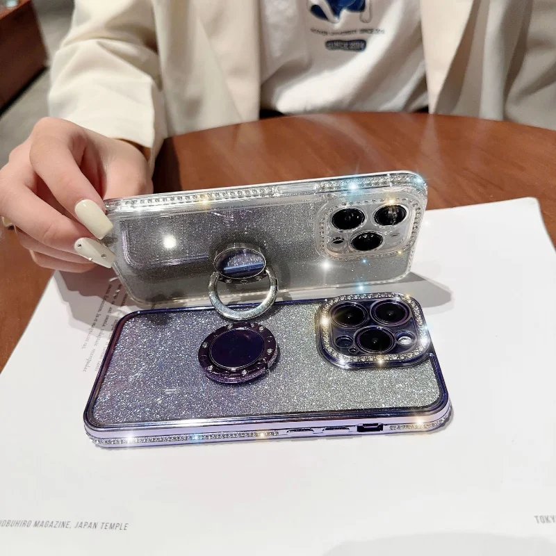 

Electroplated Diamond Glitter Girl's Mobile Phone Cases with Ring Bracket for iPhone 14 13 12 11 Pro Max X XR XS Max 7 8 Plus