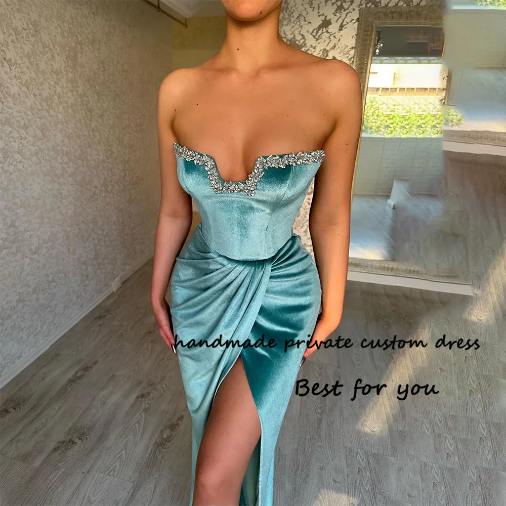 

Green Velvet Mermaid Evening Dresses Beads Sweetheart Sexy Leg Split Prom Party Dress Bodycon Women Formal Occasion Gowns