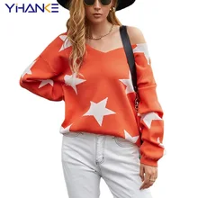 

Autumn and Winter New V-neck Five-pointed Star Pullover Sweater Fashion Casual Loose Winter Women's Warm Sweater гольф женский