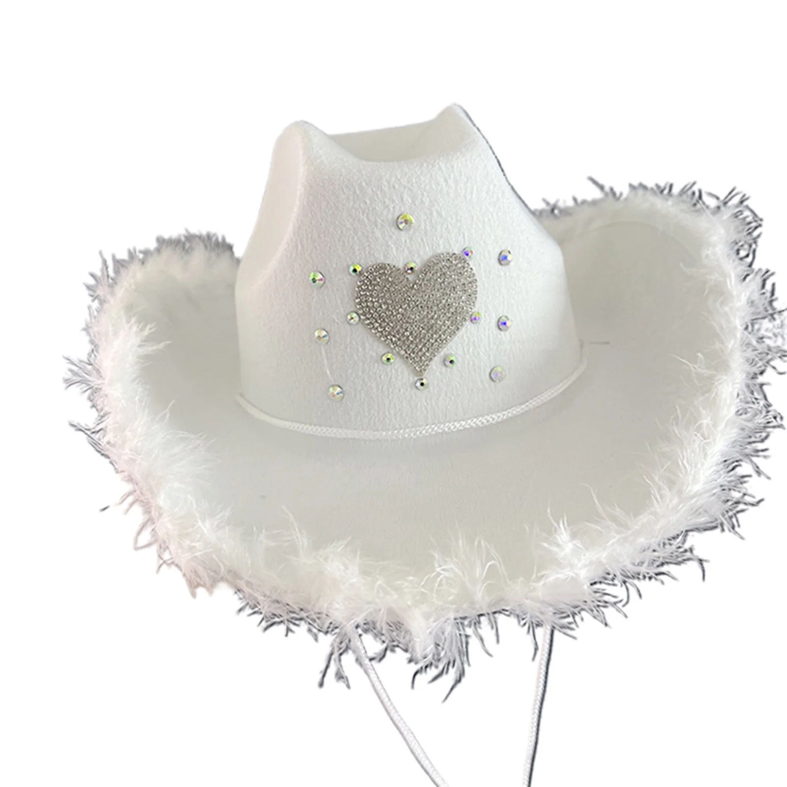 Women Cowgirl Hat Rhinestone Heart Fuzzy Trim Wide Brim Cap for Fiancee Shower Bachelor Parties Cowboy Hats