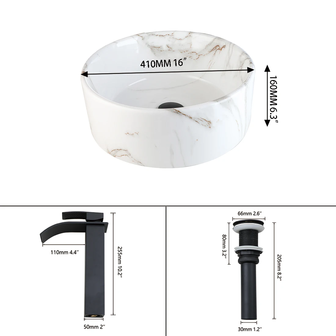 ZAPPO Round Bathroom Vessel Sink Above Counter White Porcelain Ceramic Bathroom Lavatory Vanity Vessel Sink w/Faucet Mixer 6