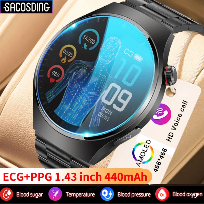 

New Non-invasive Blood Glucose Smart Watch AMOLED Screen ECG Heart Rate Monitoring Watches Bluetooth Call Sports Smart Watch Men