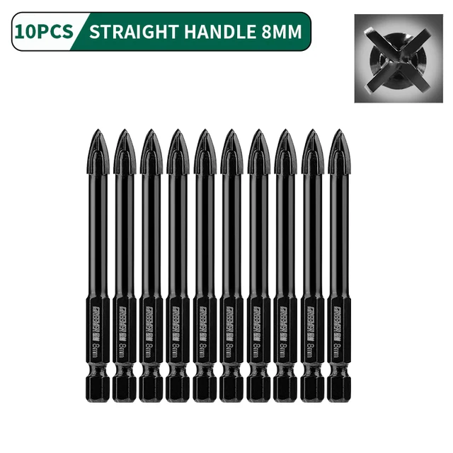 GREENER 3-12mm Four-blade Concrete Impact Glass Drill Cross Hex Tile Drilling Bit Special For Hexagonal Shank Hard Alloy Tri 8mm 10pcs