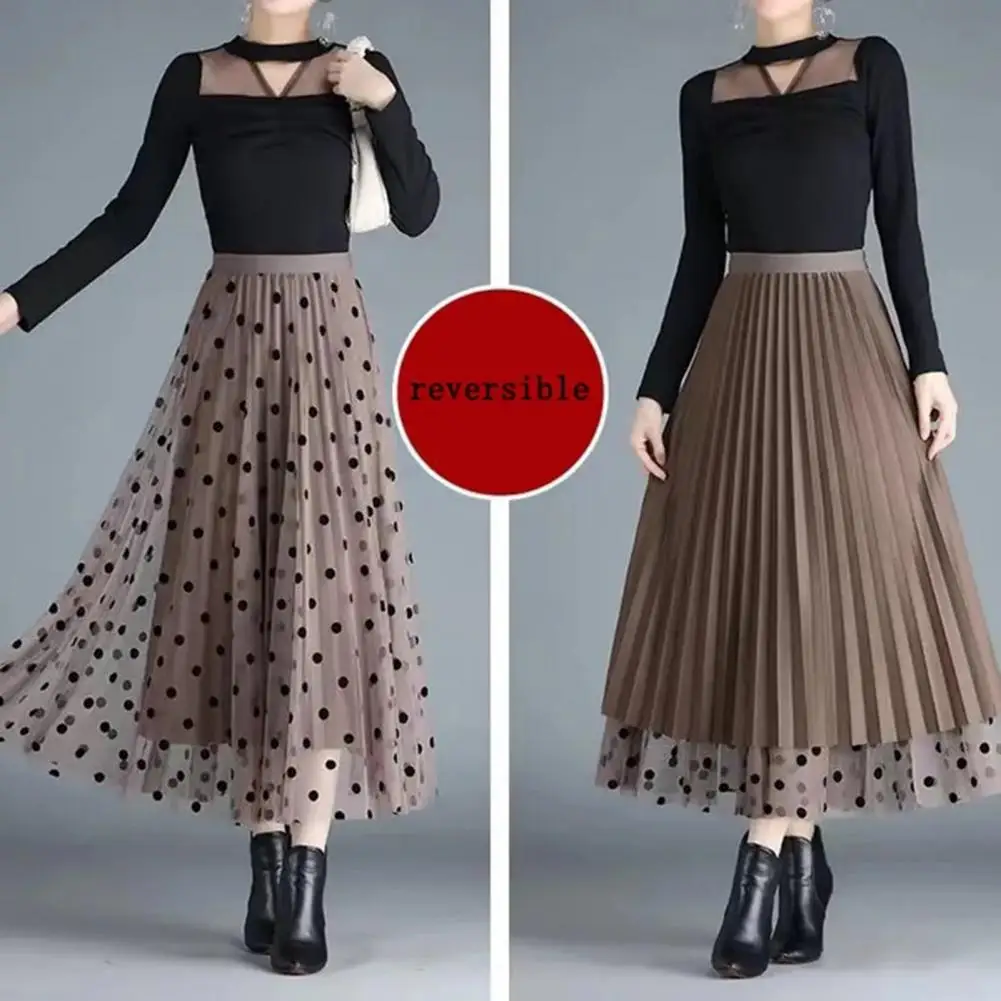 

Women Skirt High Elastic Waist Double-layered Mesh Pleated A-line Skirt Solid Color Soft Mid-calf Length Elegant Midi Skirt