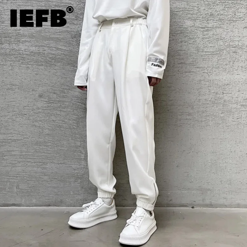 

IEFB Male Casual Pant Foot Zipper Design Elastic Waist Solid Color Men's Straight Trousers Korean Fashion Spring New Chic 9C4777