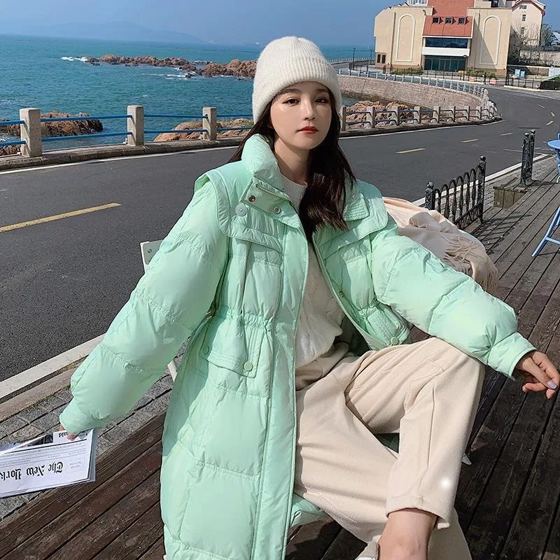 2023 New Women Down Jacket Winter Coat Female Warm Thick Parkas Mid Length Version Loose Outwear Stylish Navy Collar Overcoat