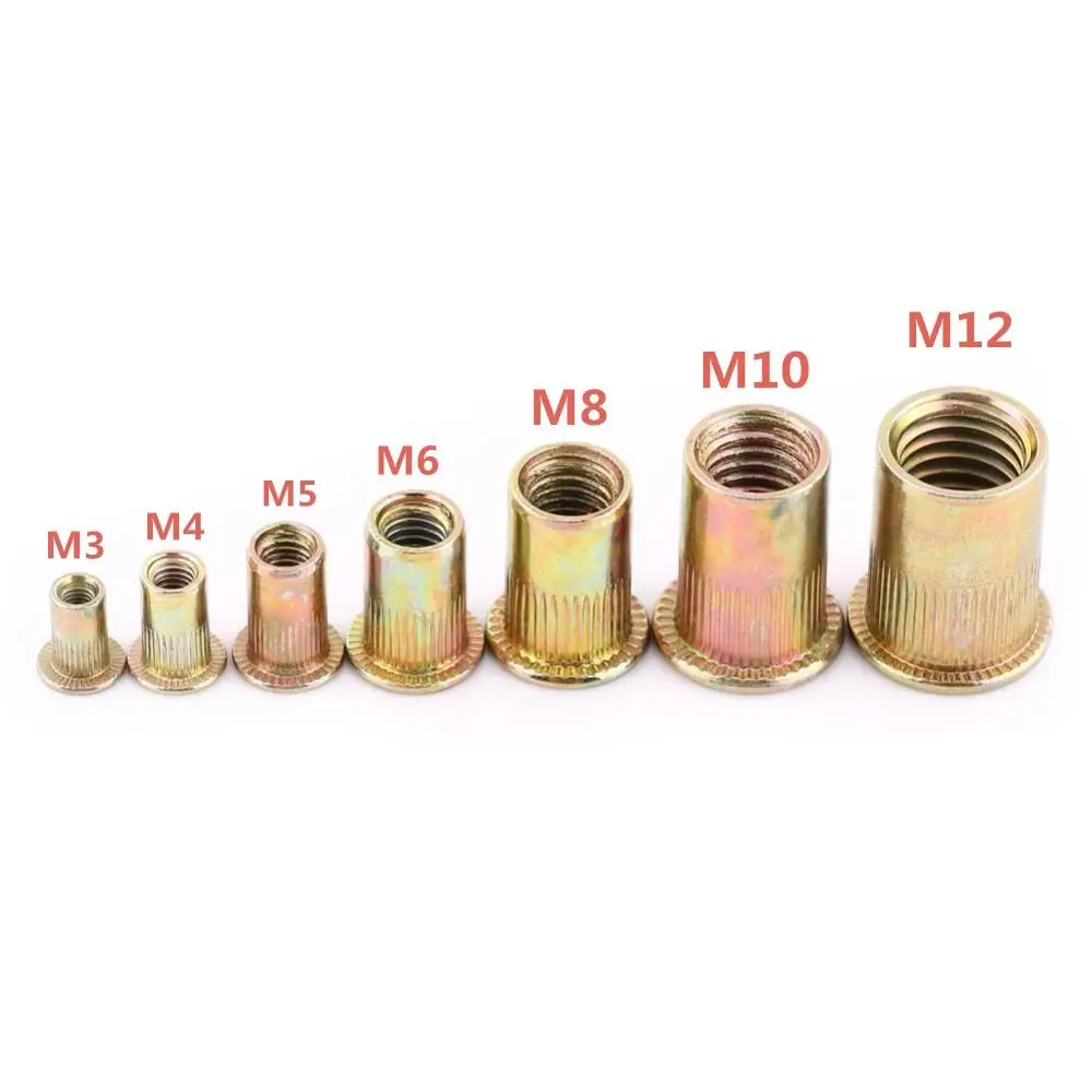 10pcs Threaded Rivet Carbon Steel Rivnut M3 M4 M5 M6 M8 M10 M12 Insert Nutsert Cap Flat Head Rivnut Tool Set