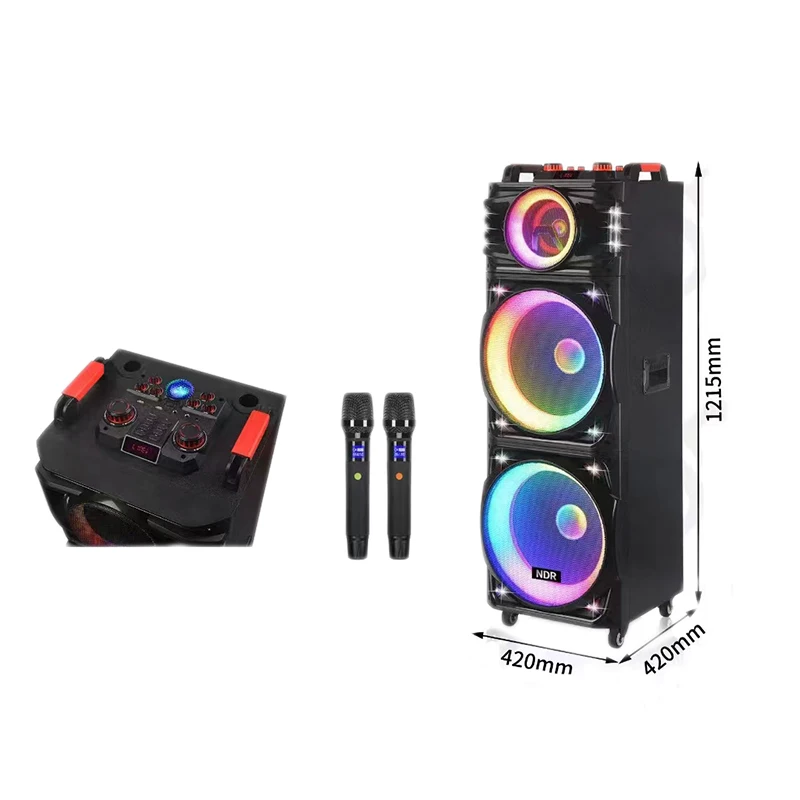 

Trolley Speakers With Wireless Mic LED Light Remote Control BT Speaker RGB NDR-1526 High Power Outdoor Karoke Speaker Active