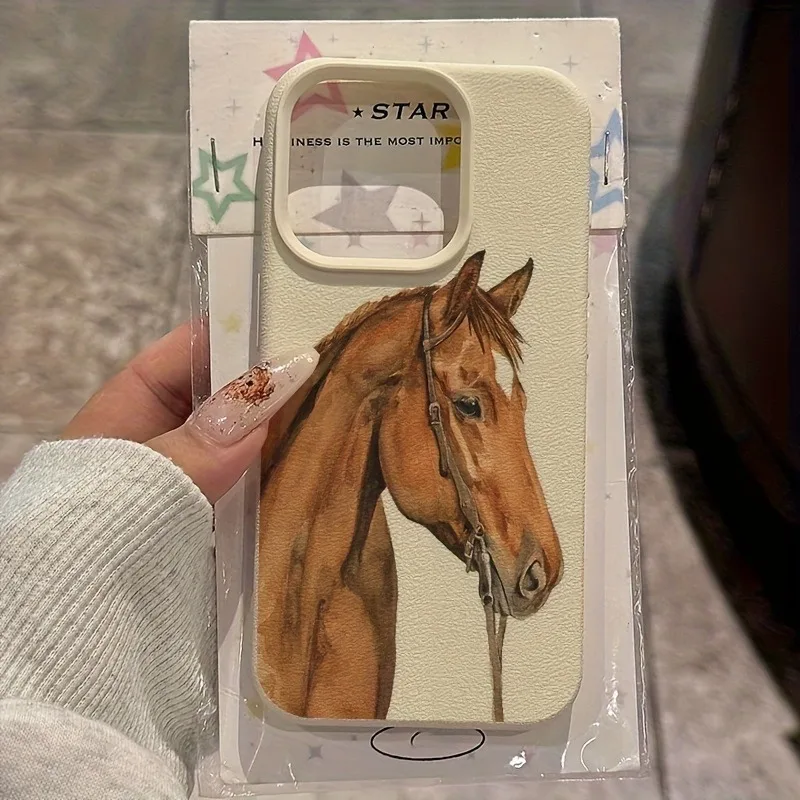 Braunes Pferdemuster Lychee-Textur Handyhülle für iPhone 17 18 Pro Max 11 12 13 14 15 16 17Air 15 14 Plus X XS XR 16E Weiche Hülle