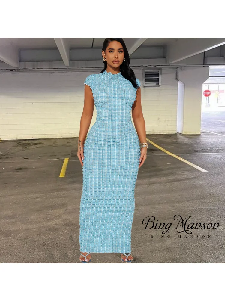 

2023 Autumn New Line Sexy Fashion Slim Fit Yarn Weaving Popcorn Short Sleeve Long Dress Street Apparel Women's Wear Y2k Dress