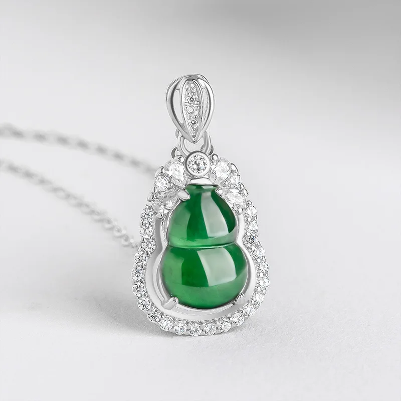 

Burmese Jade Gourd Pendant Vintage Gemstones Green Choker Luxury Men Natural Jadeite Jewelry 925 Silver Necklace