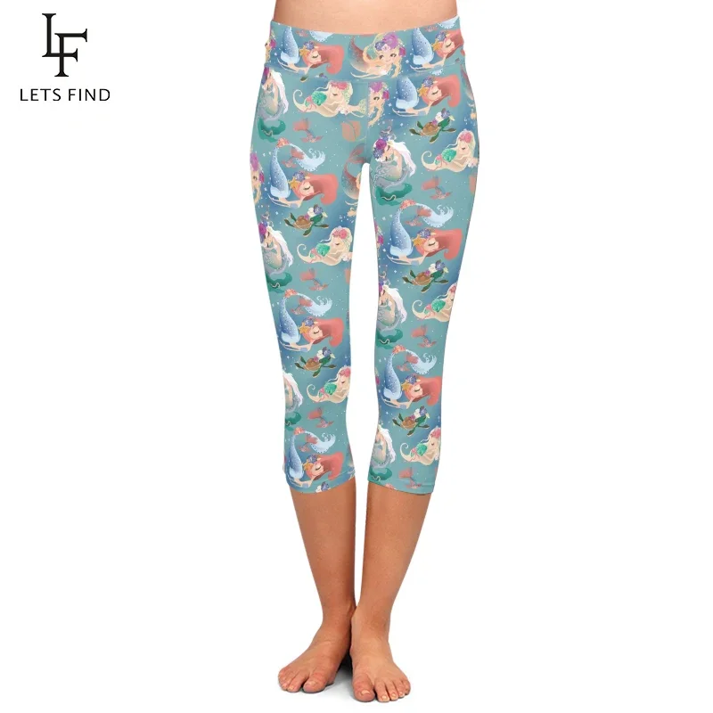 

Summer Fashion High Elastic High Waist Women Capri Leggings Mermaid Print Mid-Calf 3/4 Stretch Leggings