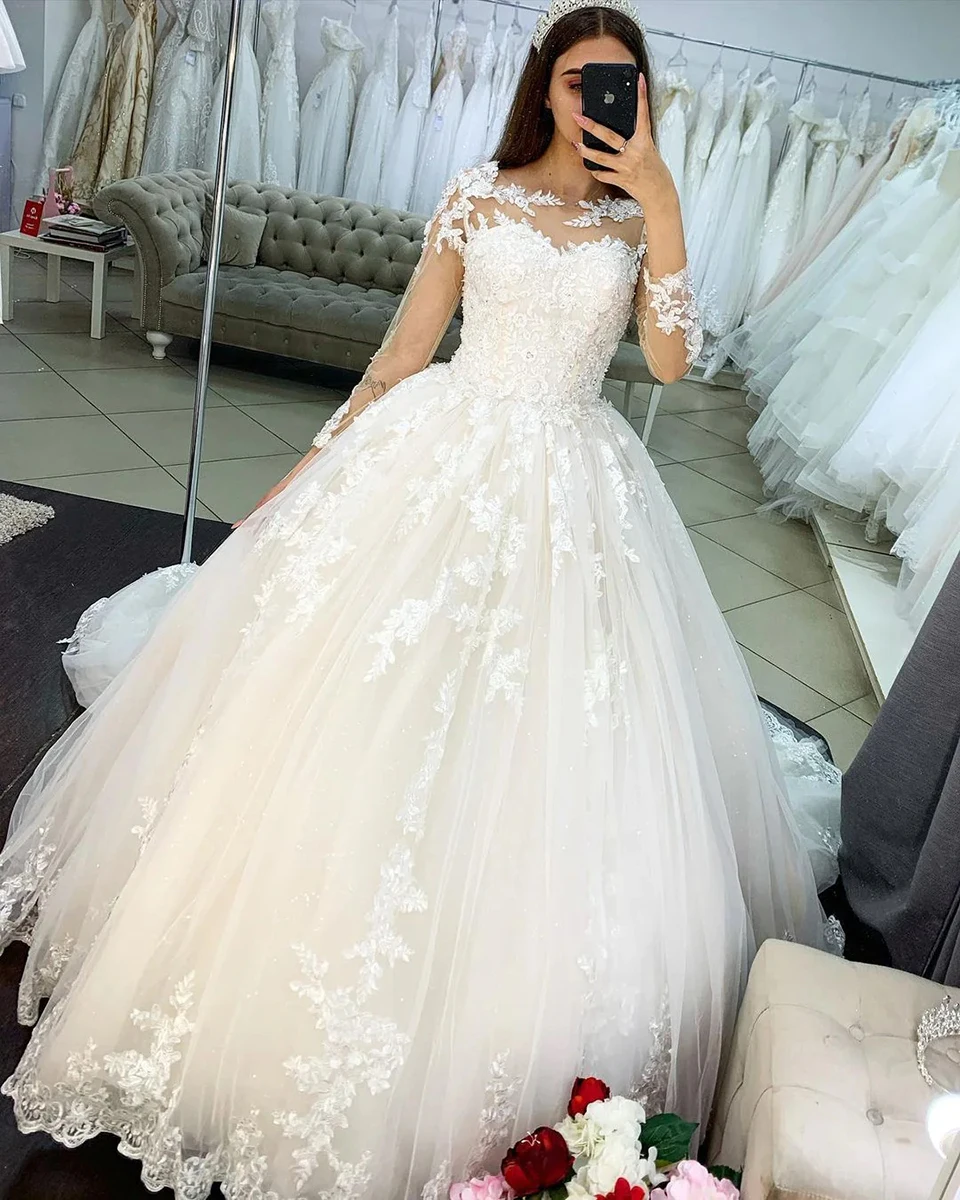 Elegantes Prinzessinnen-Ballkleid mit langen Ärmeln, Hochzeitskleid 2026, O-Ausschnitt, Applikationen, Schnürung am Rücken, Übergröße, Brautkleid, Vestido De Noiva – Detail 3