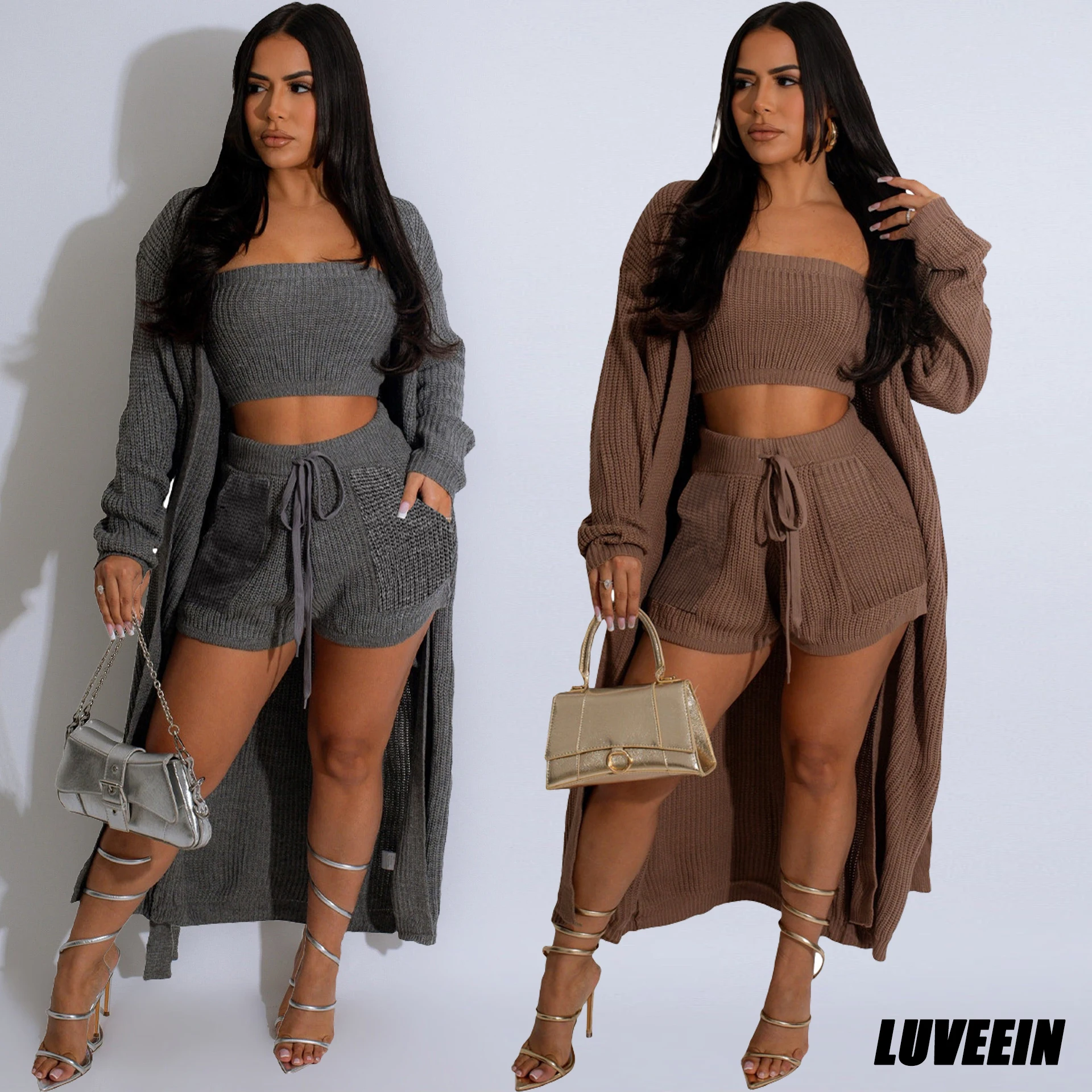 Knitted Sweater 2 Piece Pant Sets Winter Women Cardigans Clothes For 2023 Long Jackets Elegant Crocheted Knit Two Piece Sets men s high quality winter thicker warm stand up collar cardigans men cardigan sweaters jackets slim fit casual sweatercoats 3xl