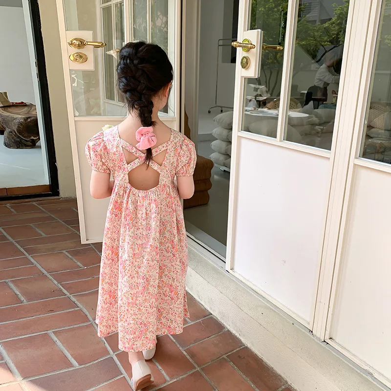 

Summer girls fashion floral backless dress kids girl puff sleeve princess dresses