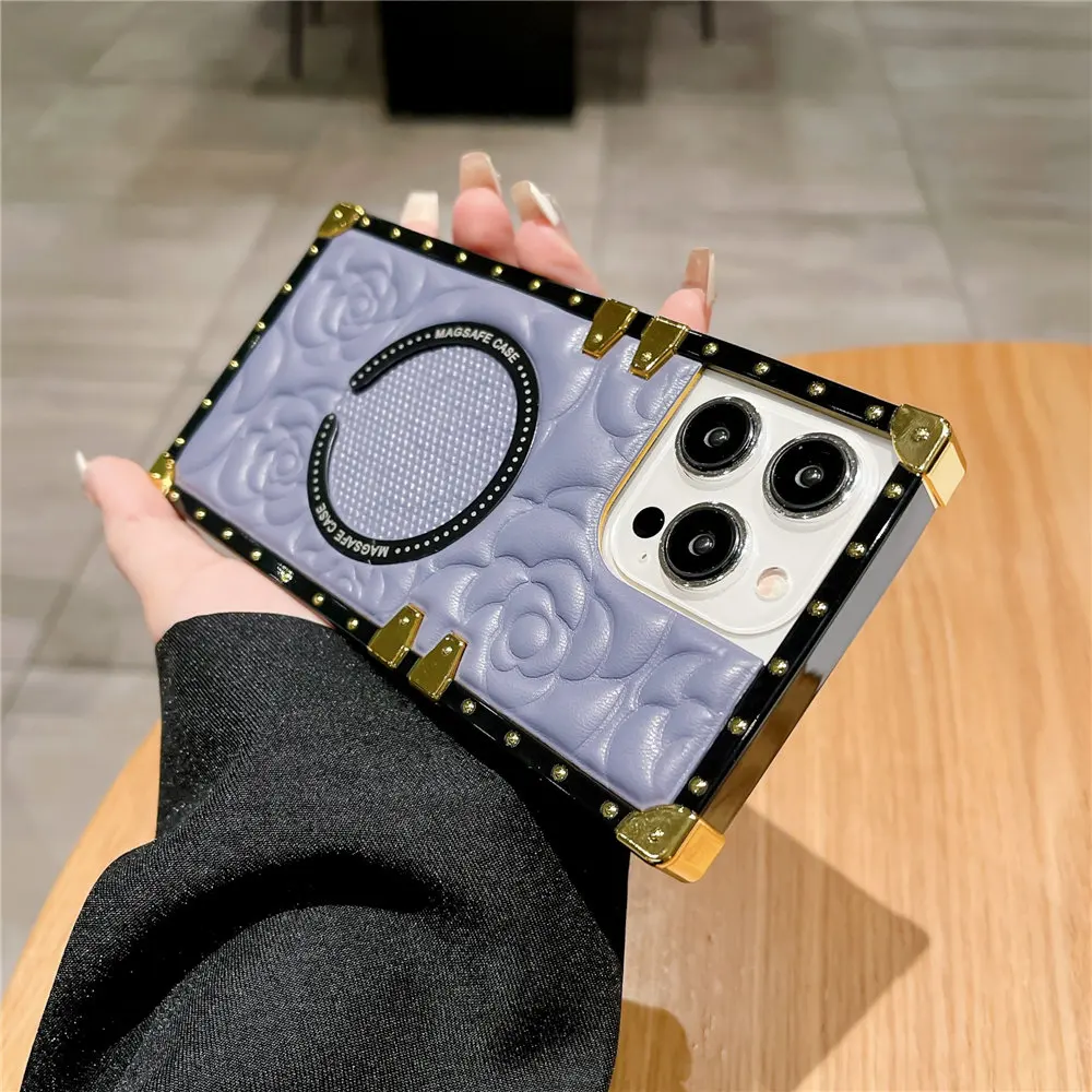 Fashion 3D Flower Leather Plating Square Case For Magsafe iPhone 13 14 Plus 12 11 15 Pro Max Wireless Charging_voghion.com