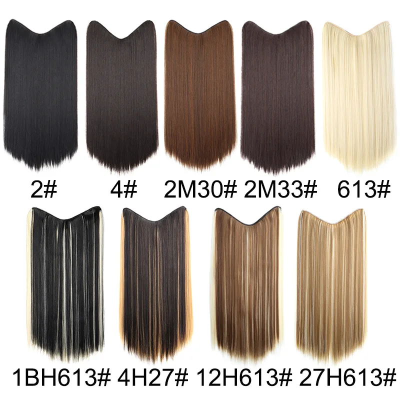 24Inch Synthetic Long Straight One Piece Hair Extension 4 Clips V-shaped Hairpiece for Women