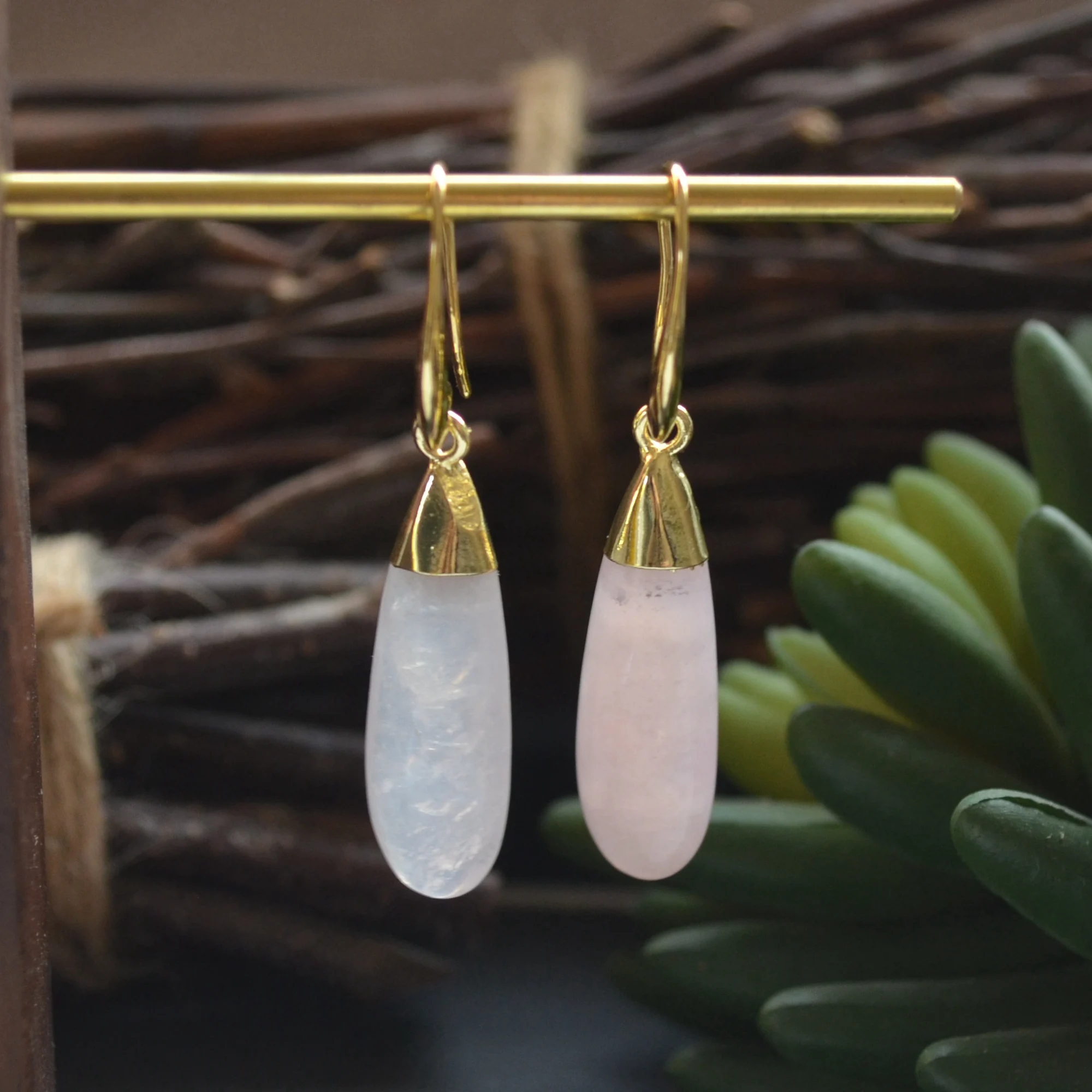 

Nature rose quartz water drop shape dangle earring for women