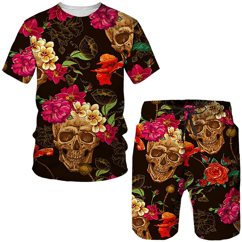 

New Fashion Skull Floral 3D Print Men Women Tees/Shorts/Suits Vintage Couple 2 Pcs Outfits Sets Gothic Trendy Streetwear Clothes