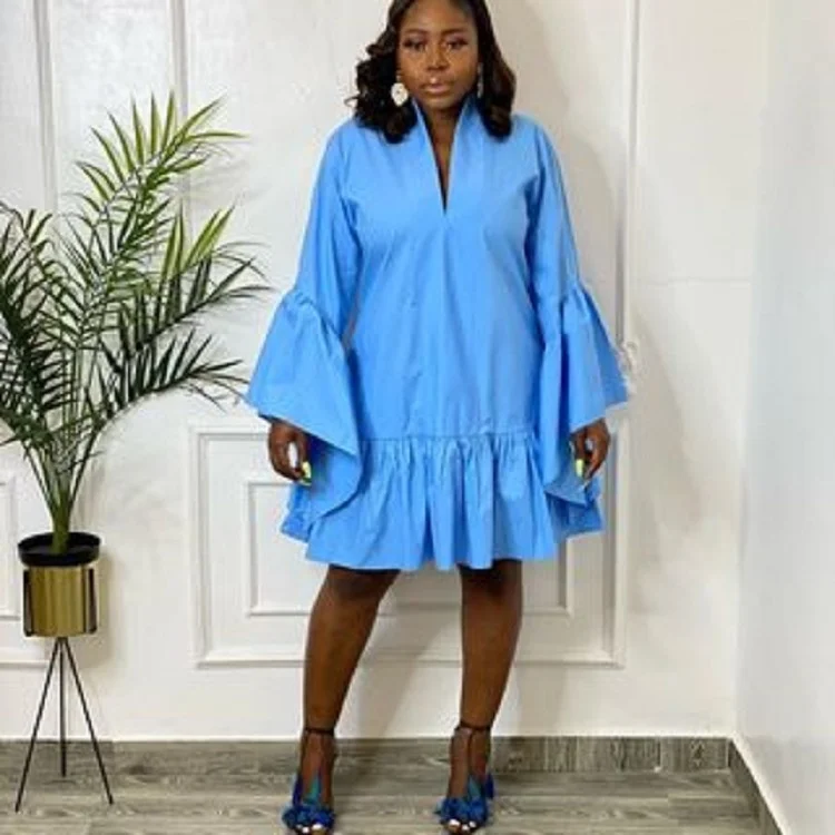 

New Fashion Temperament Solid V-neck Flare Sleeve Panel Loose Long Sleeve Ruffle Shirt Casual A-line Women's Dress