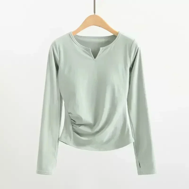 Lemon Women V Neck Slim Fit Long Sleeve Yoga Sport Shirts with Chest Pad Lightweight Hem Running T-shirt Tunic Pilates Shirt Top